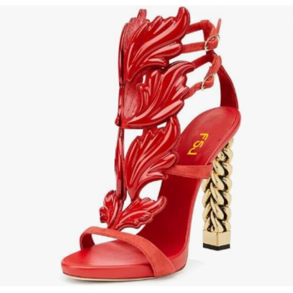 FSJ Red Flame Gold Metal Chain Thick High Heel Sandals Open Toe Strappy Shoes - Picture 1 of 8